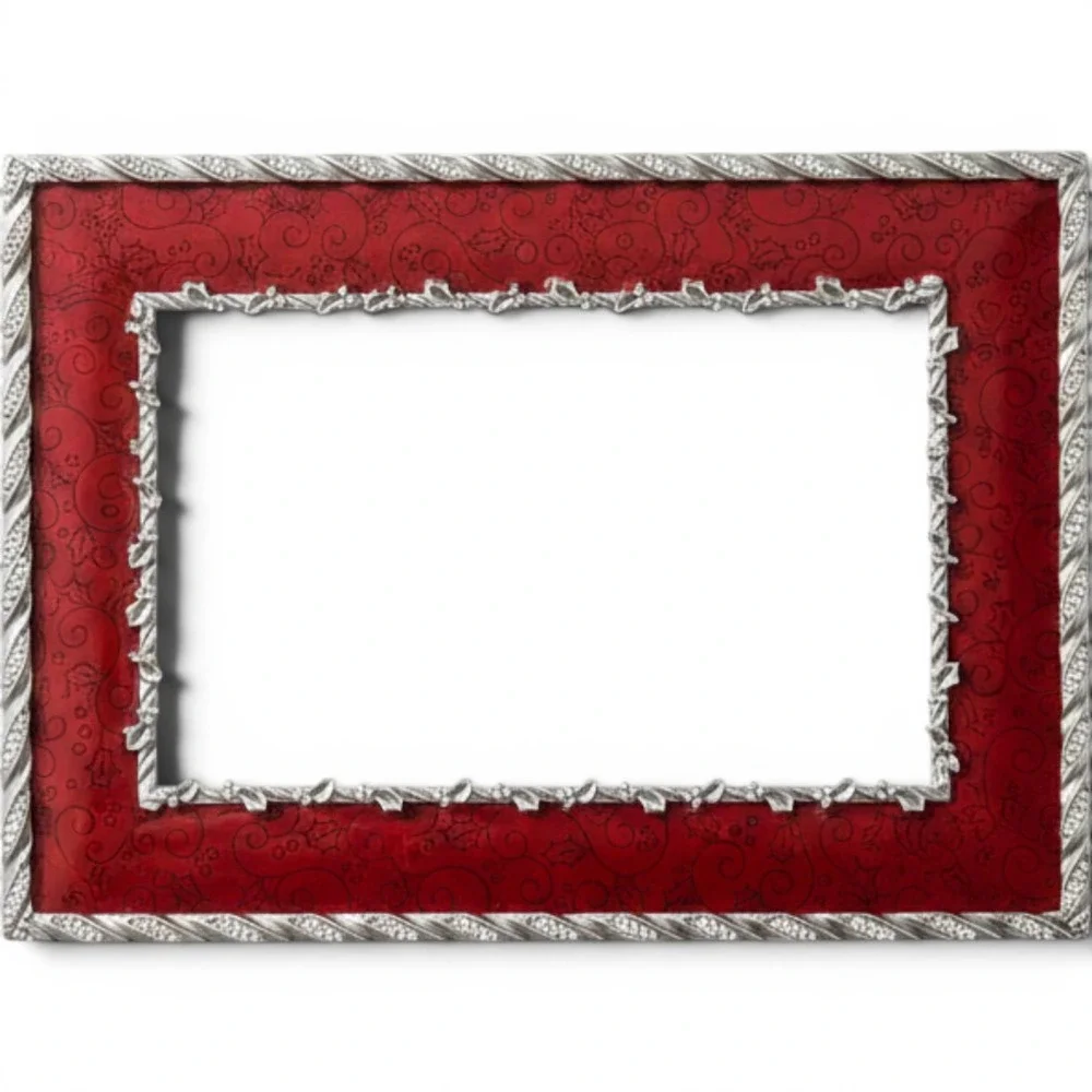 Red Enamel Silver Tone Scroll‎ Holly Leaf Picture Frame Tabletop 5x7 Holiday